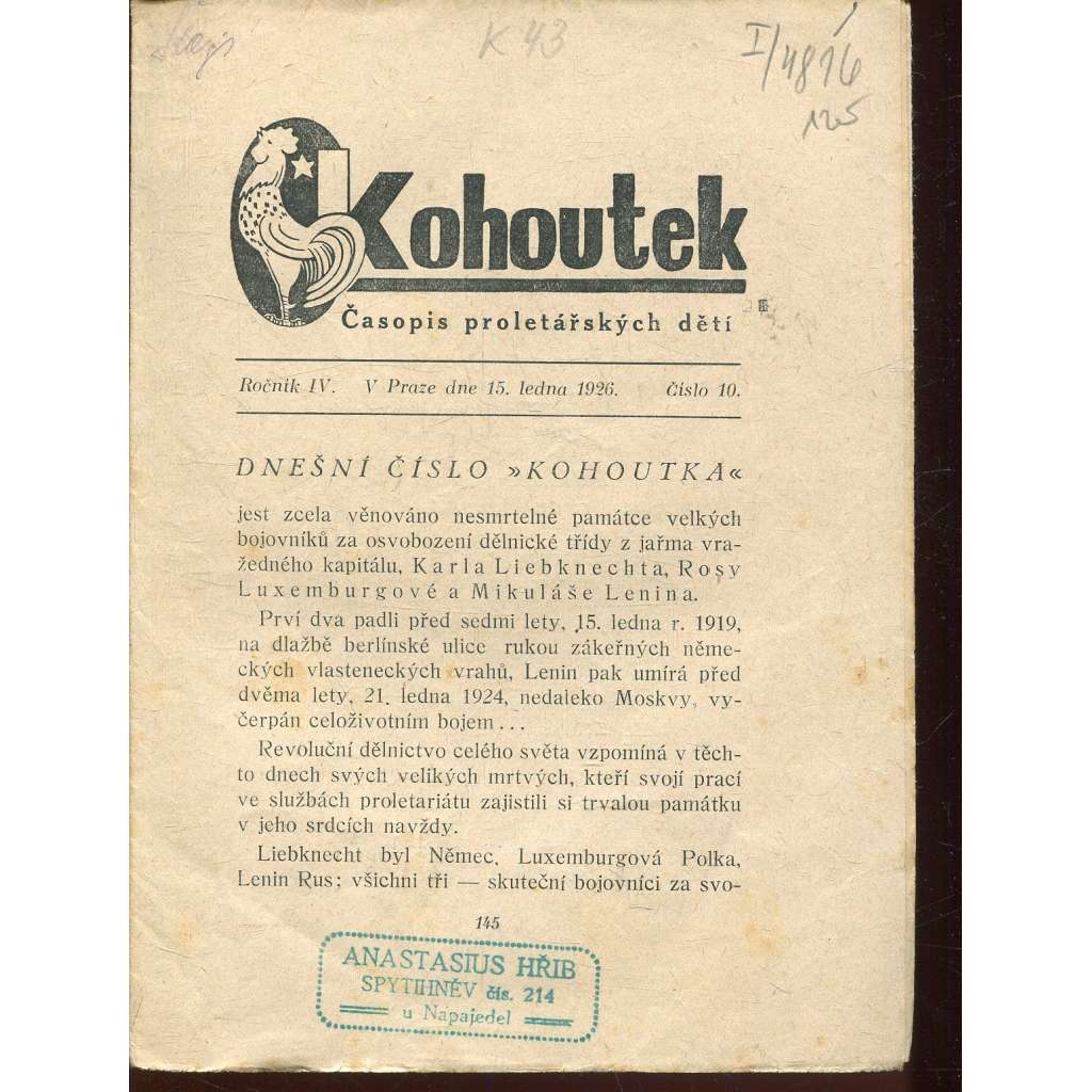 Kohoutek, ročník IV., číslo 10/1926. Časopis proletářských dětí (1. republika, staré noviny)