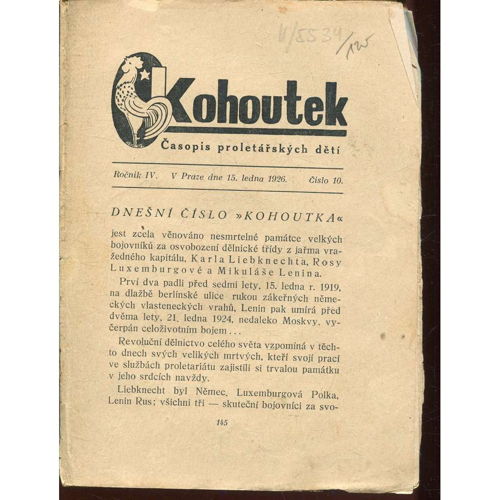 Kohoutek, ročník IV., číslo 10/1926. Časopis proletářských dětí (1. republika, staré noviny)
