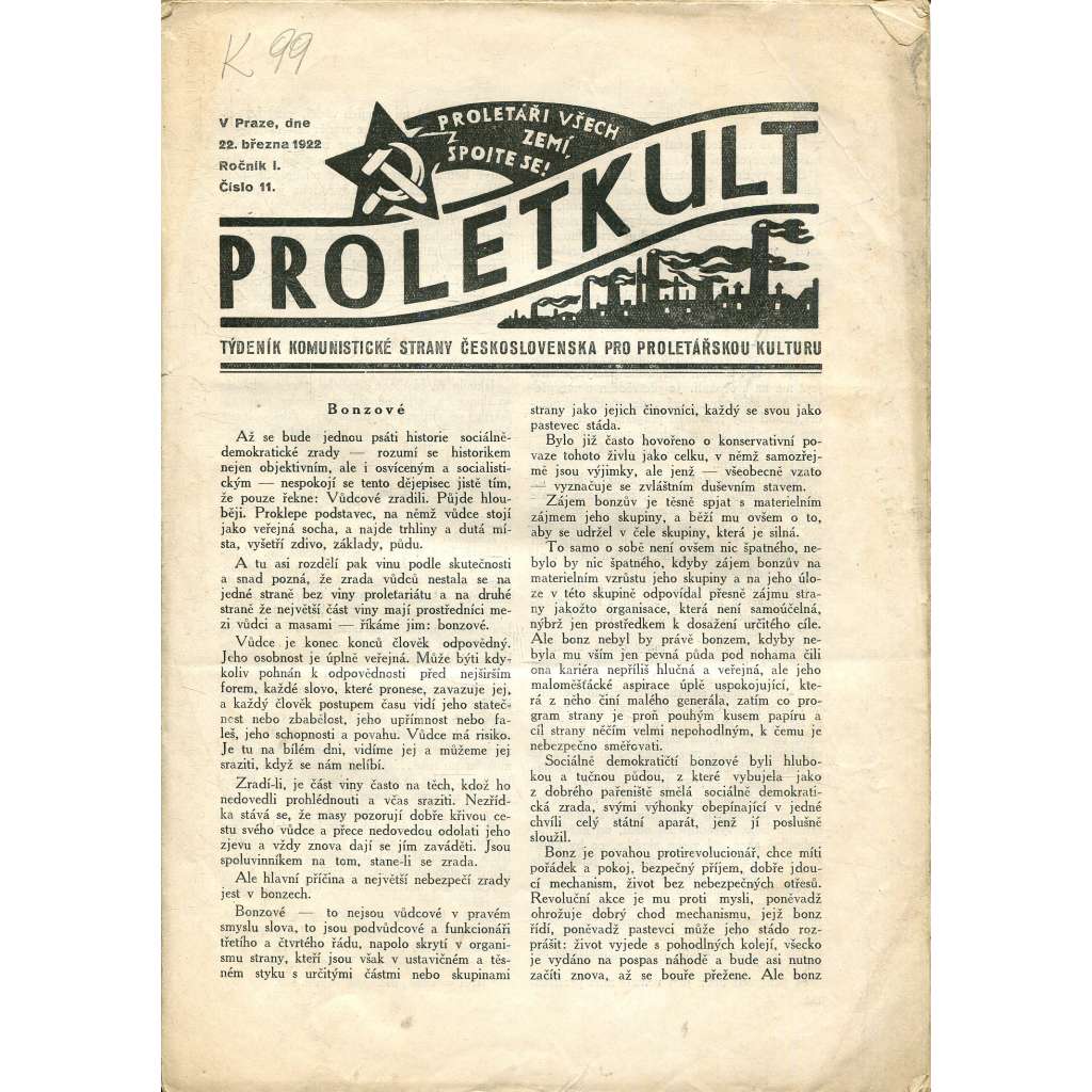 Proletkult, ročník I., číslo 11/1922 [Týdeník KSČ pro proletářskou kulturu] - časopis, noviny, 1. republika