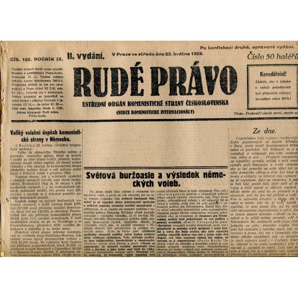 Rudé právo, ročník IX., číslo 122/1928 (1. republika, staré noviny)