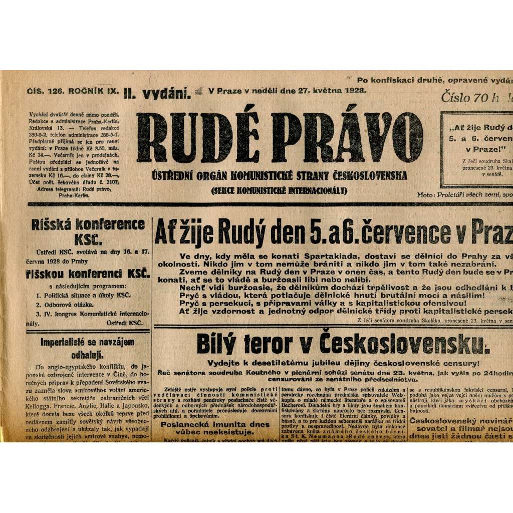 Rudé právo, ročník IX., číslo 126/1928 (1. republika, staré noviny)