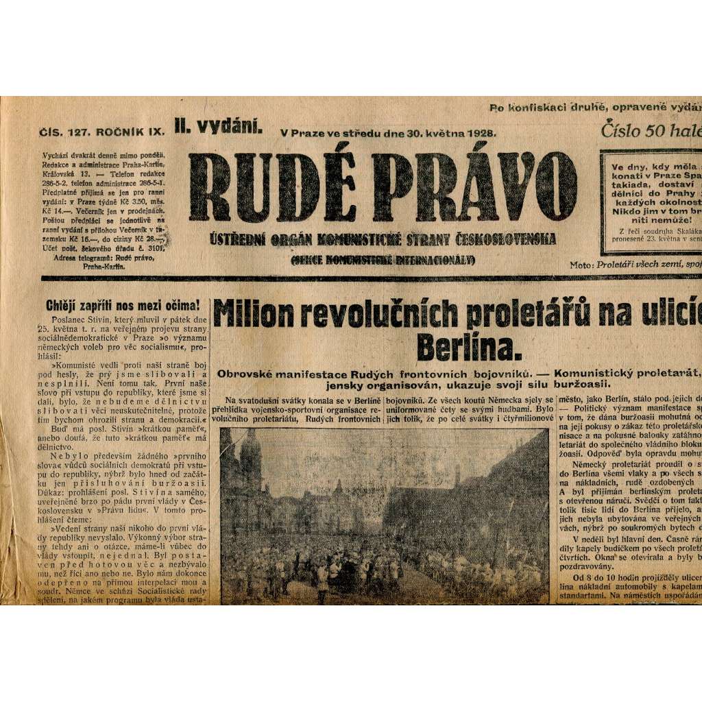 Rudé právo, ročník IX., číslo 127/1928 (1. republika, staré noviny)