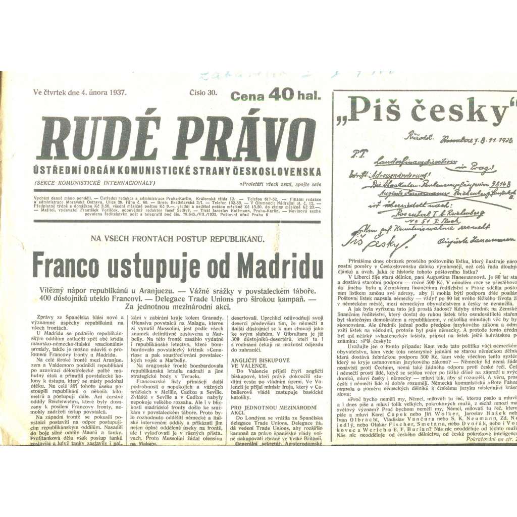 Rudé právo, číslo 30/1937 (staré noviny) - [komunisté, komunismus]