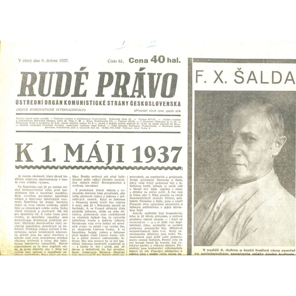 Rudé právo, číslo 81/1937 (staré noviny) - [komunisté, komunismus]