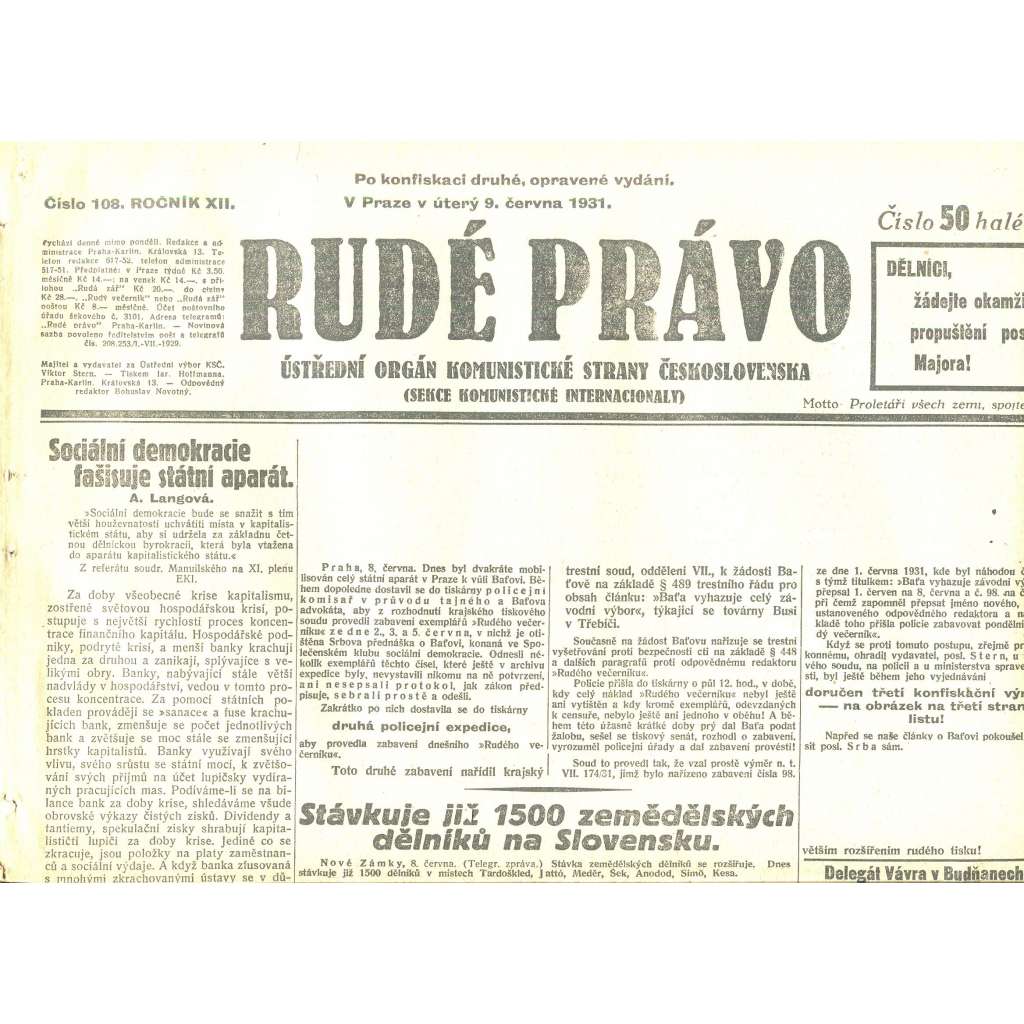 Rudé právo, ročník XII., číslo 108/1931 (staré noviny) - [komunisté, komunismus]