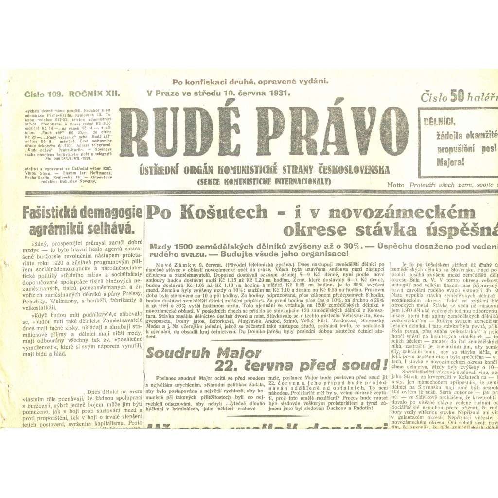 Rudé právo, ročník XII., číslo 109/1931 (staré noviny) - [komunisté, komunismus]