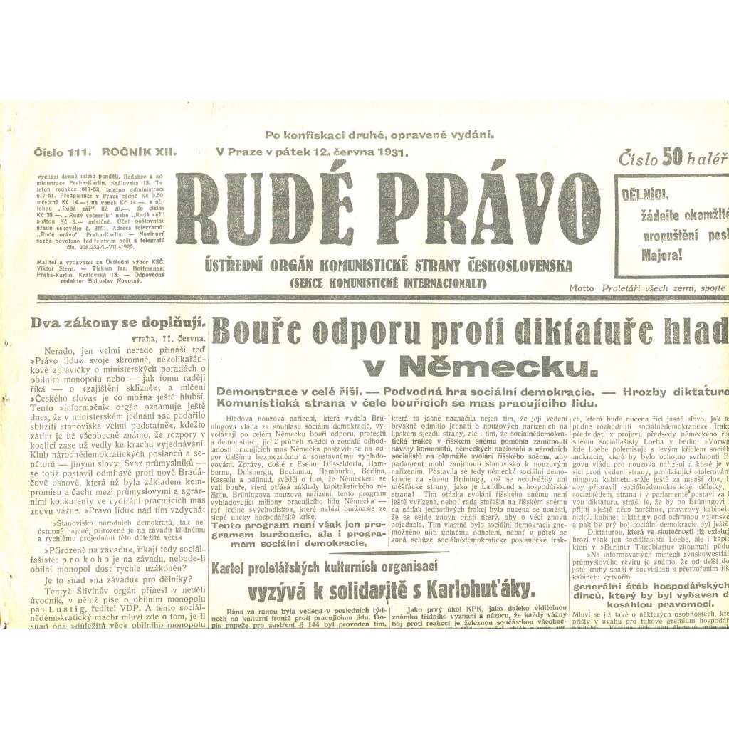 Rudé právo, ročník XII., číslo 111/1931 (staré noviny) - [komunisté, komunismus]