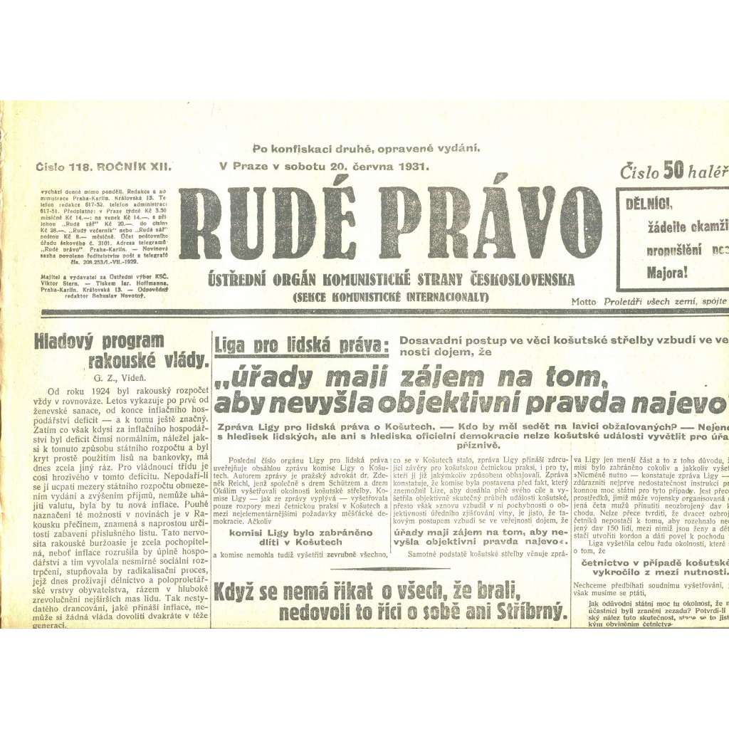 Rudé právo, ročník XII., číslo 118/1931 (staré noviny) - [komunisté, komunismus]