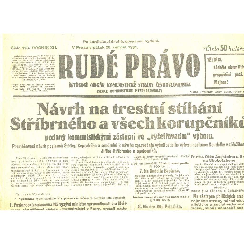 Rudé právo, ročník XII., číslo 123/1931 (staré noviny) - [komunisté, komunismus] - není kompletní
