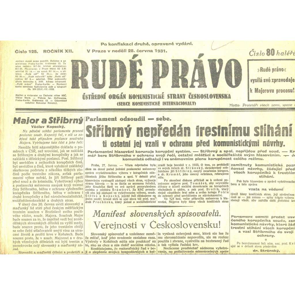 Rudé právo, ročník XII., číslo 125/1931 (staré noviny) - [komunisté, komunismus] - není kompletní