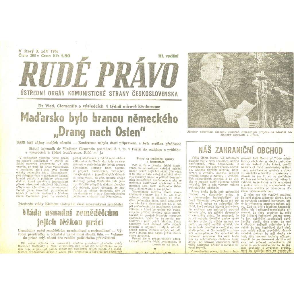 Rudé právo, číslo 203/1946 (staré noviny) - [komunisté, komunismus]