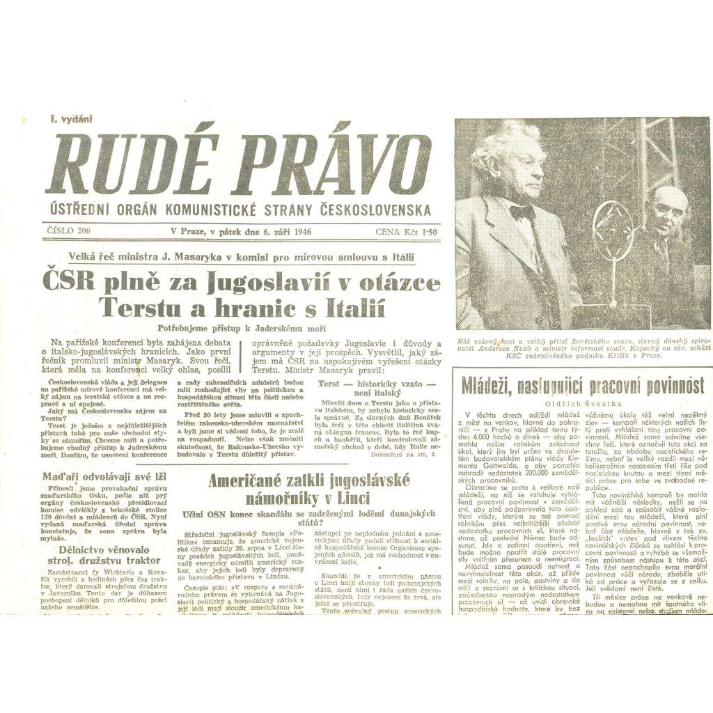 Rudé právo, číslo 206/1946 (staré noviny) - [komunisté, komunismus]