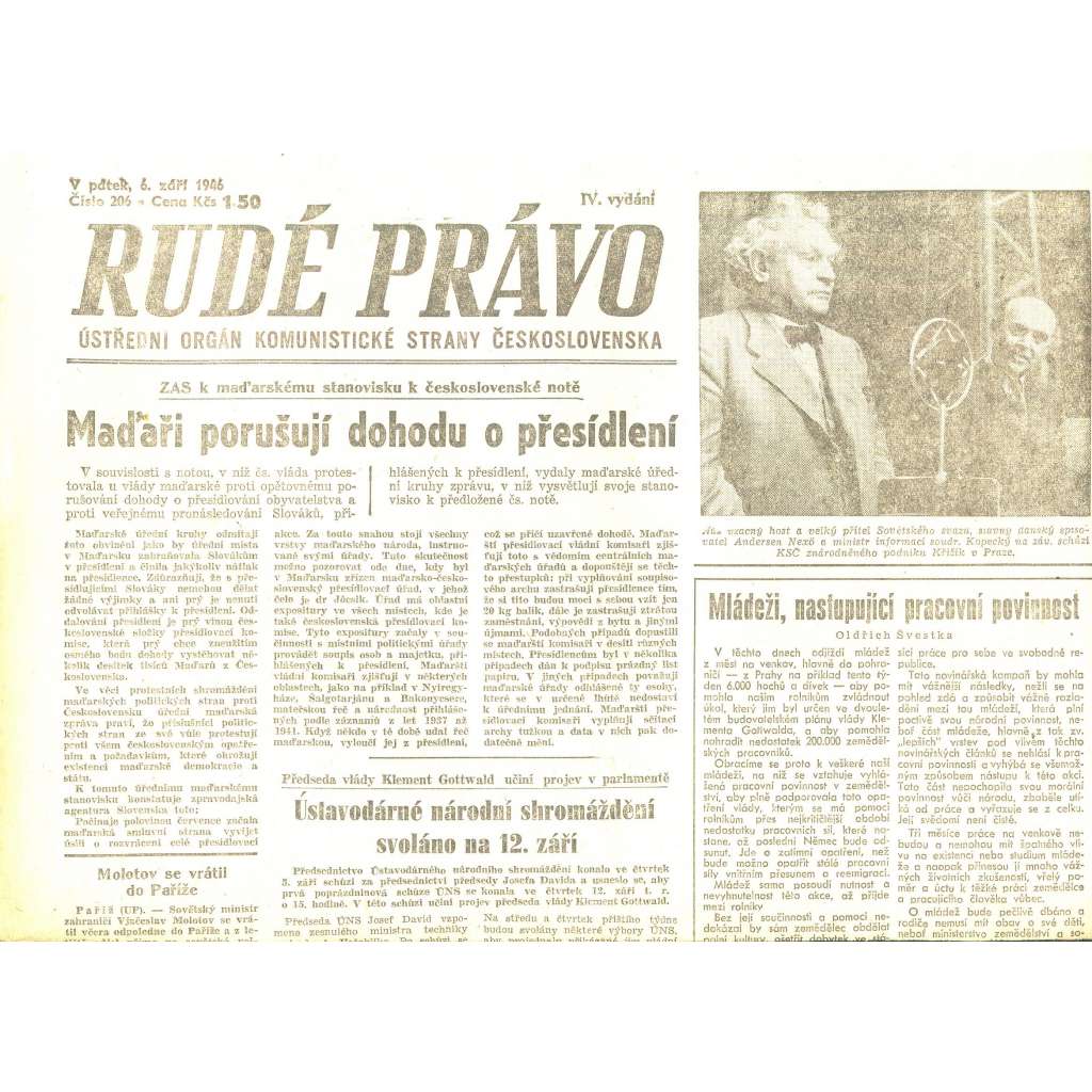 Rudé právo, číslo 206/1946 (staré noviny) - [komunisté, komunismus]