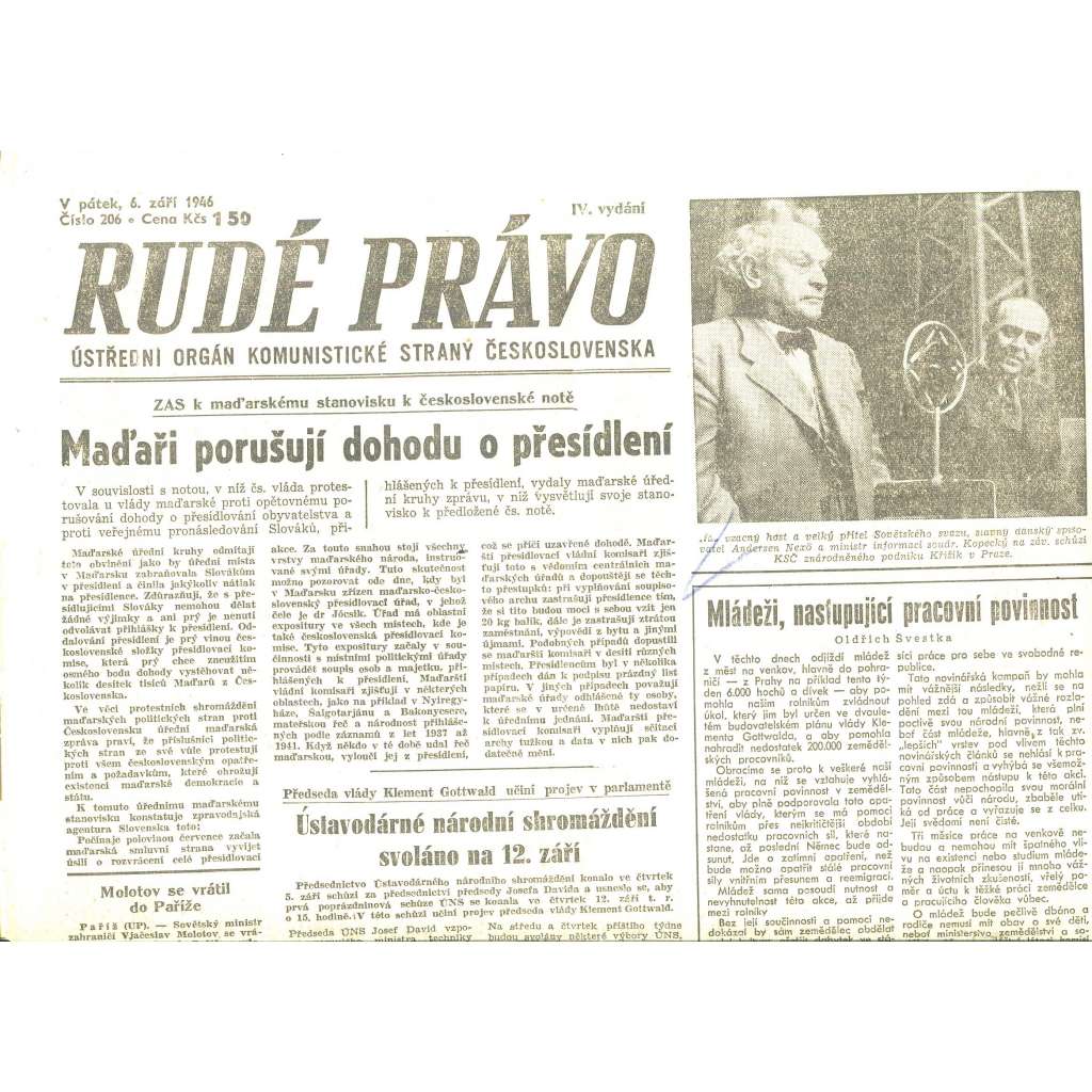 Rudé právo, číslo 206/1946 (staré noviny) - [komunisté, komunismus]
