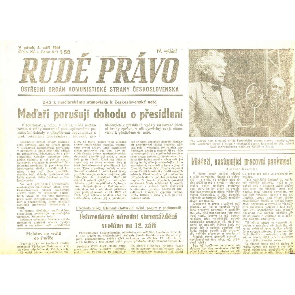 Rudé právo, číslo 206/1946 (staré noviny) - [komunisté, komunismus]