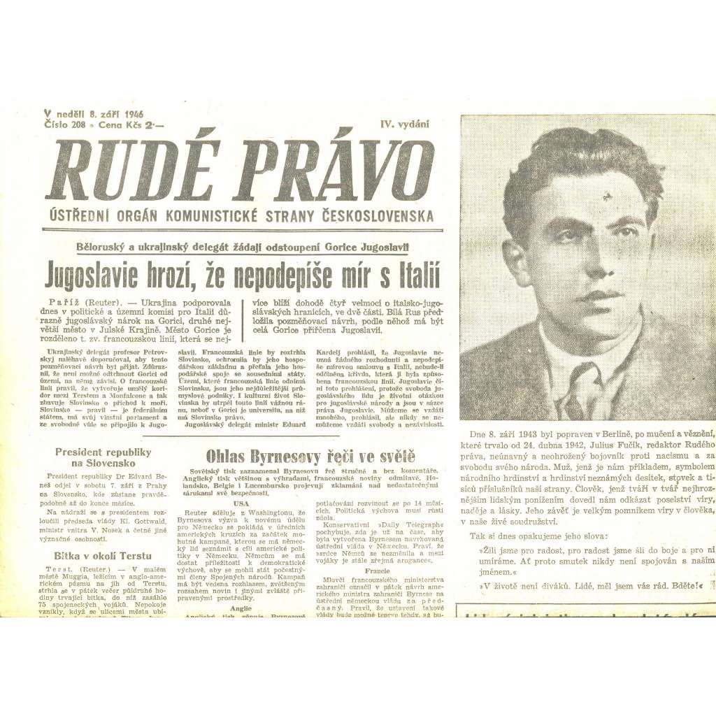Rudé právo, číslo 208/1946 (staré noviny) - [komunisté, komunismus]
