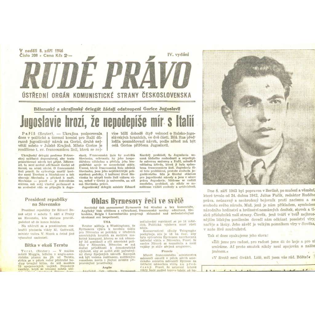 Rudé právo, číslo 208/1946 (staré noviny) - [komunisté, komunismus]