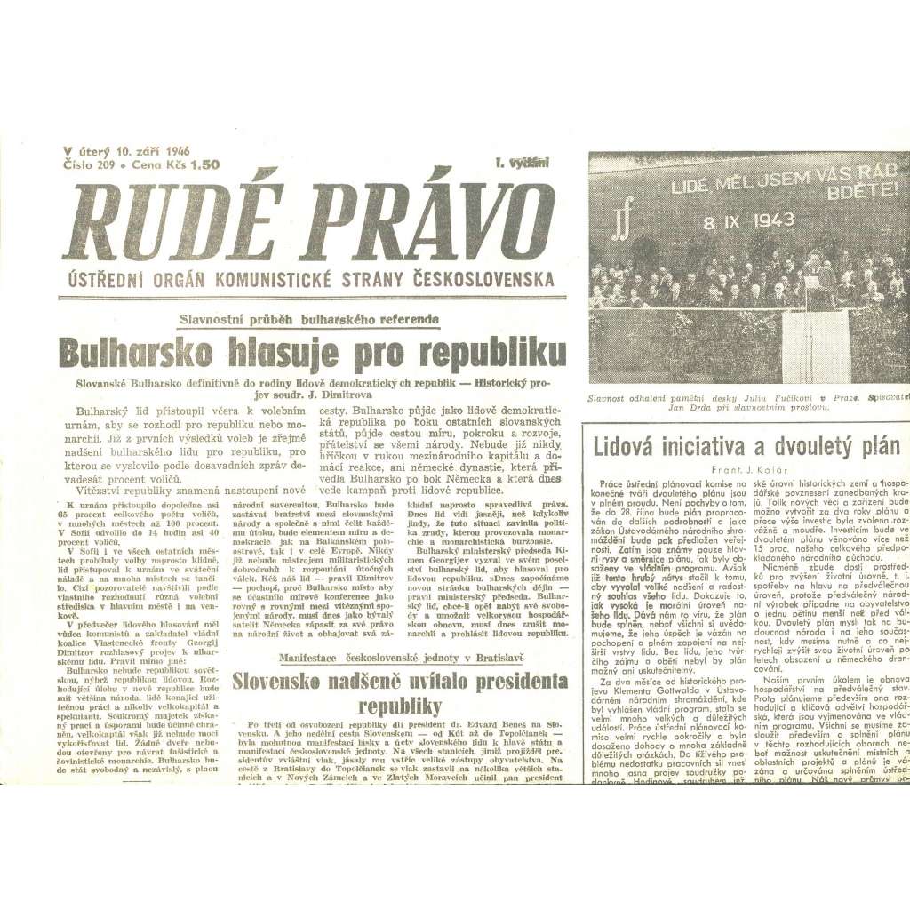 Rudé právo, číslo 209/1946 (staré noviny) - [komunisté, komunismus]