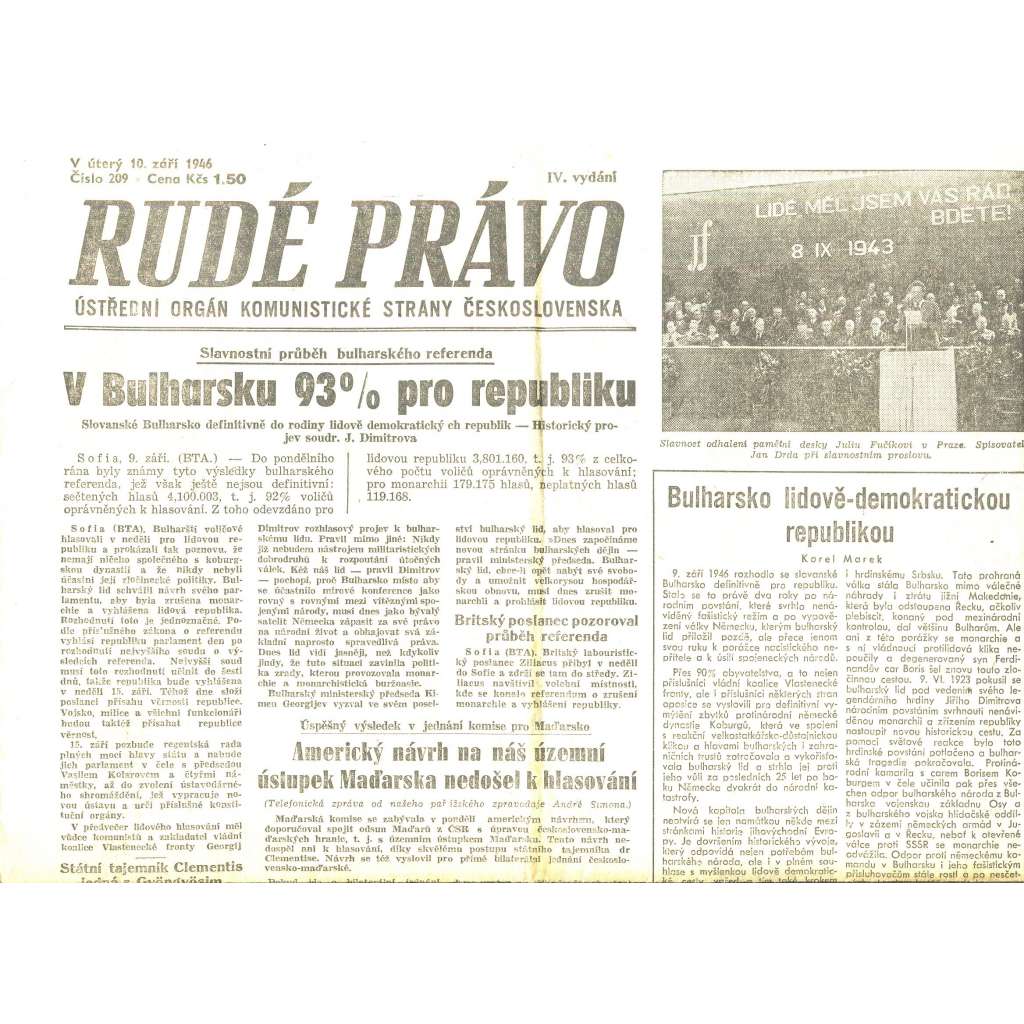 Rudé právo, číslo 209/1946 (staré noviny) - [komunisté, komunismus]