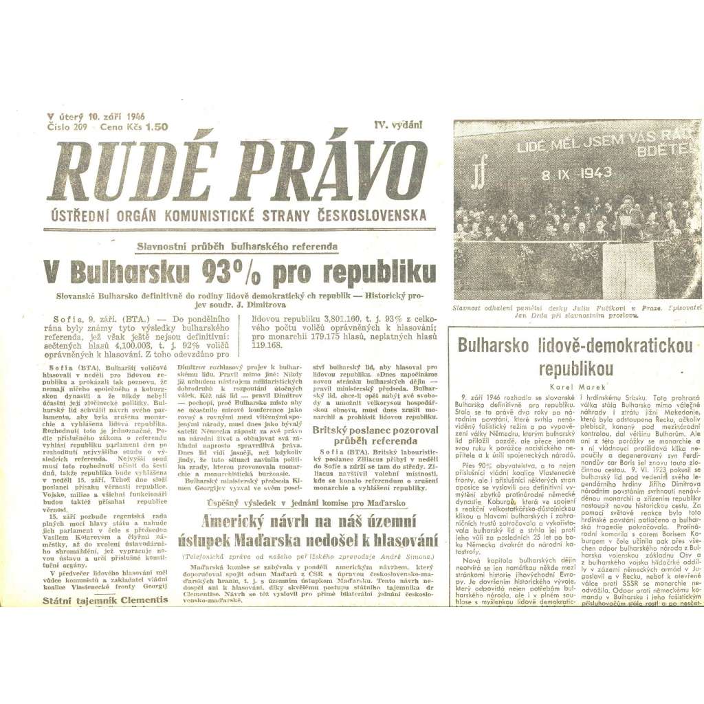 Rudé právo, číslo 209/1946 (staré noviny) - [komunisté, komunismus]