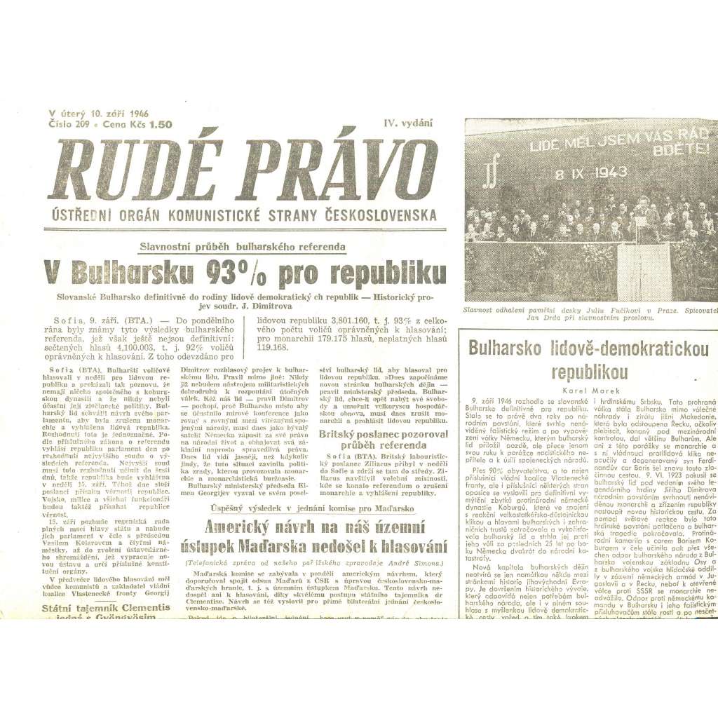 Rudé právo, číslo 209/1946 (staré noviny) - [komunisté, komunismus]