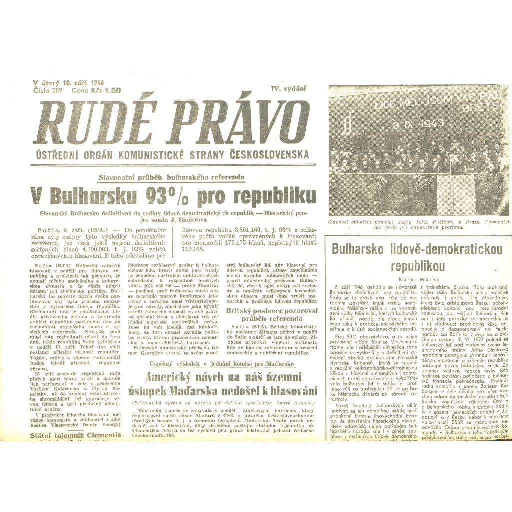 Rudé právo, číslo 209/1946 (staré noviny) - [komunisté, komunismus]
