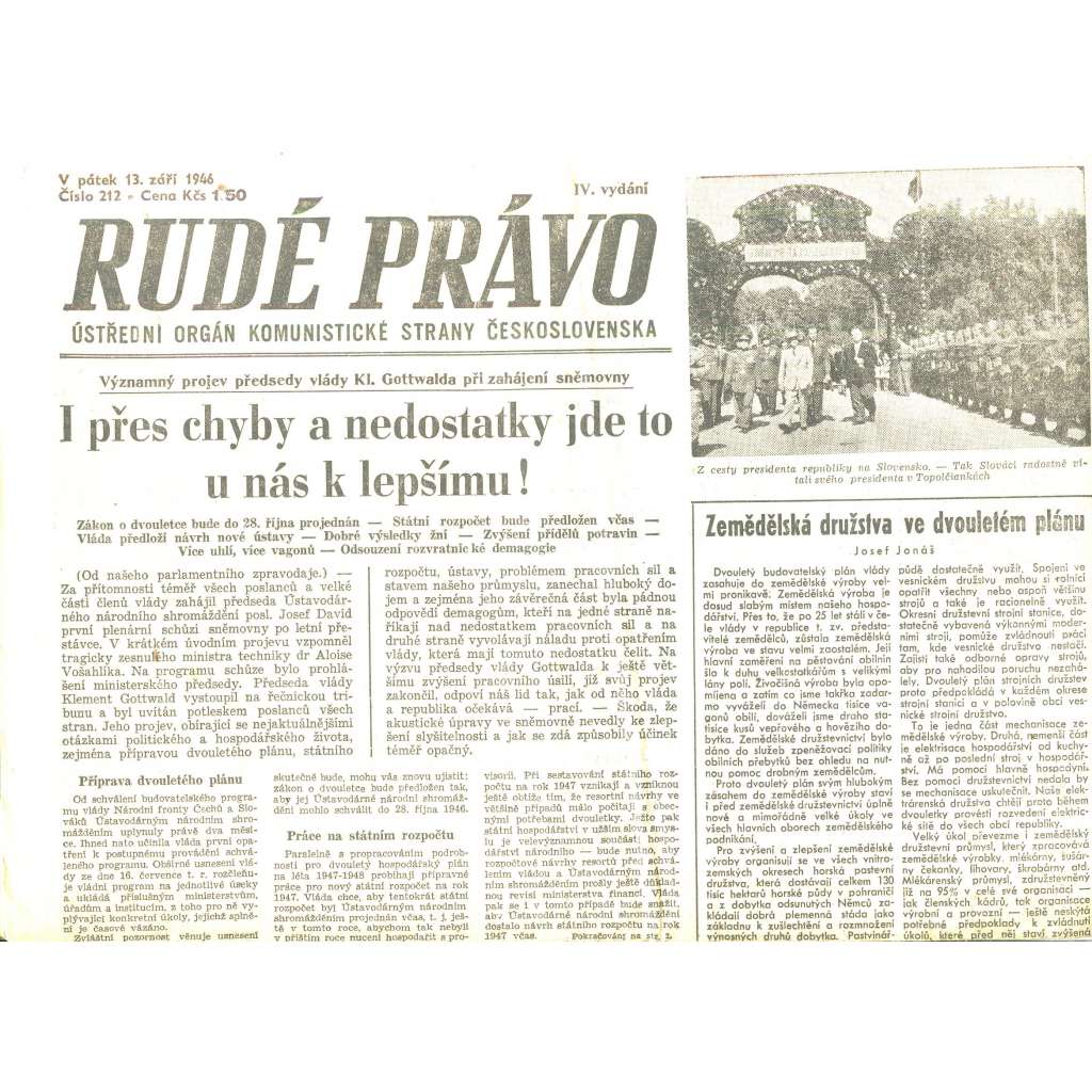 Rudé právo, číslo 212/1946 (staré noviny) - [komunisté, komunismus]