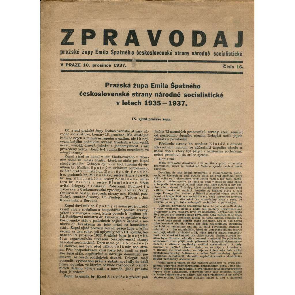 Zpravodaj Pražské župy Emila špatného československé strany národně-socialistické (10.12.1937) - 1. republika, staré noviny