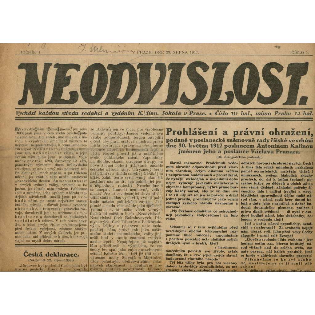 Neodvislost, ročník I., číslo 1/1917 (staré noviny)