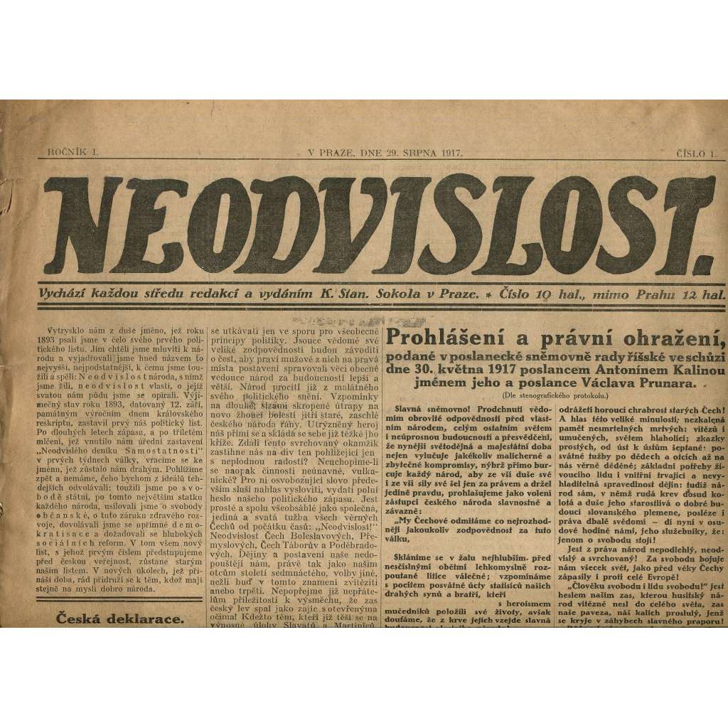 Neodvislost, ročník I., číslo 1/1917 (staré noviny)
