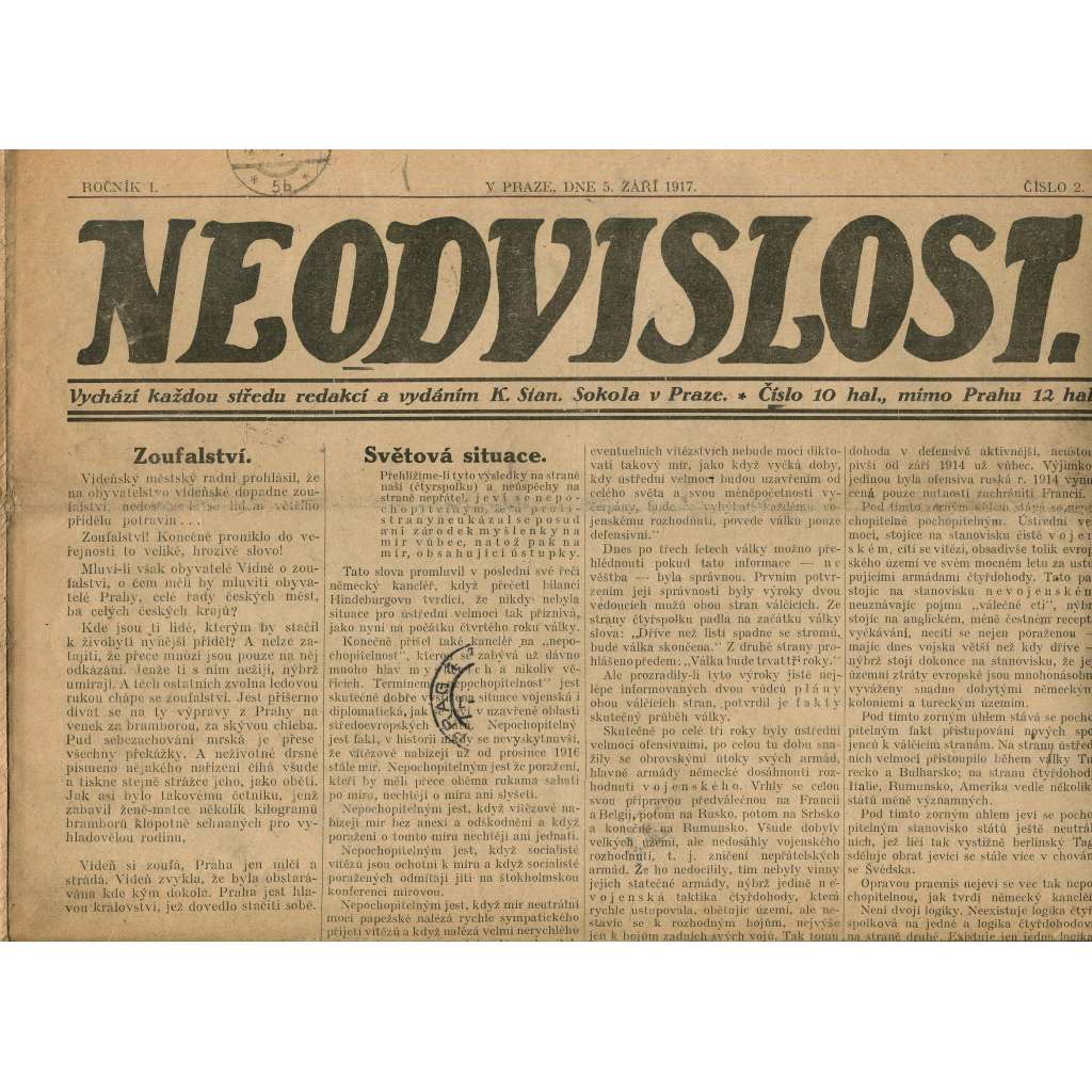 Neodvislost, ročník I., číslo 2/1917 (staré noviny)