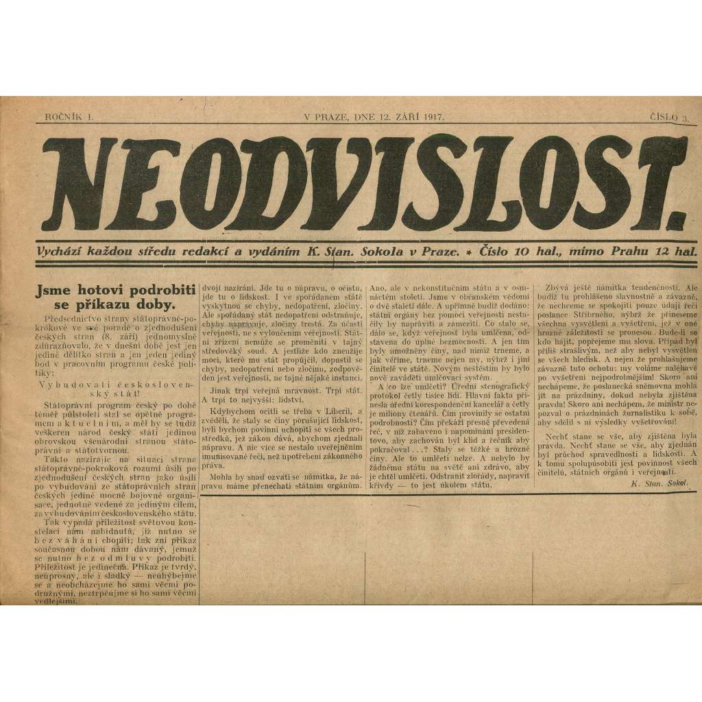 Neodvislost, ročník I., číslo 3/1917 (staré noviny)