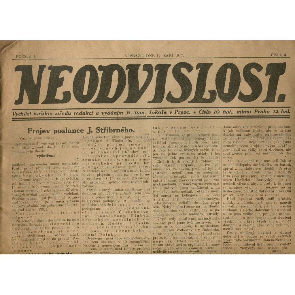Neodvislost, ročník I., číslo 4/1917 (staré noviny)