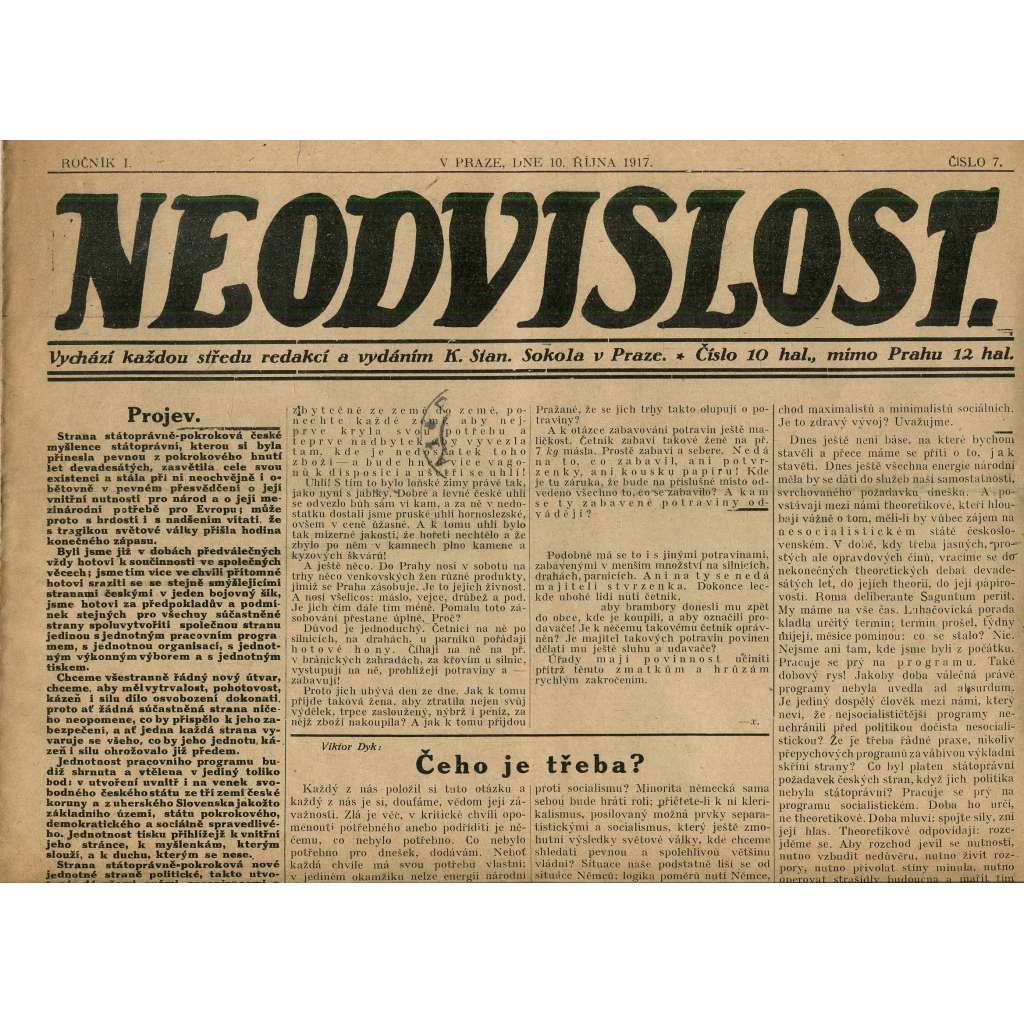 Neodvislost, ročník I., číslo 7/1917 (staré noviny)
