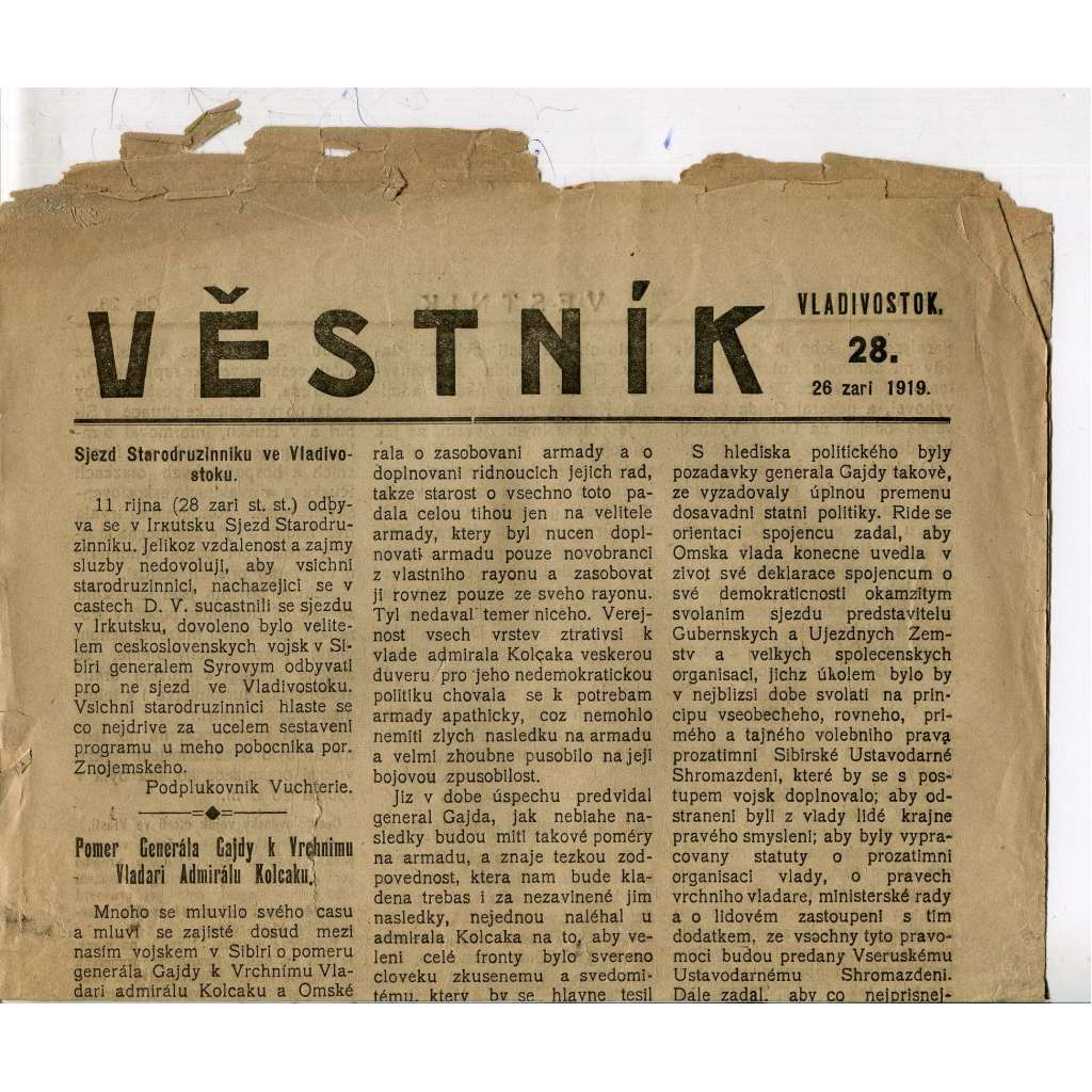 Věstník Vladivostok, číslo 28/1919 (noviny,1. republika, legie)