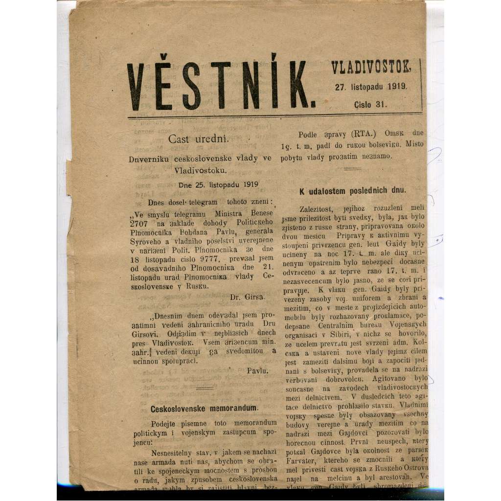 Věstník Vladivostok, číslo 31/1919 (noviny,1. republika, legie)