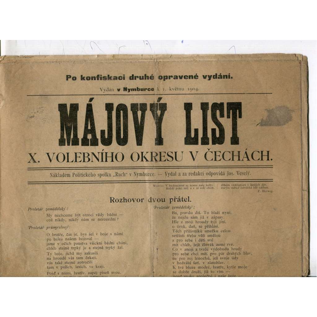 Májový list X. volebního okresu v Čechách - Nymburk (1.5.1904) - staré noviny
