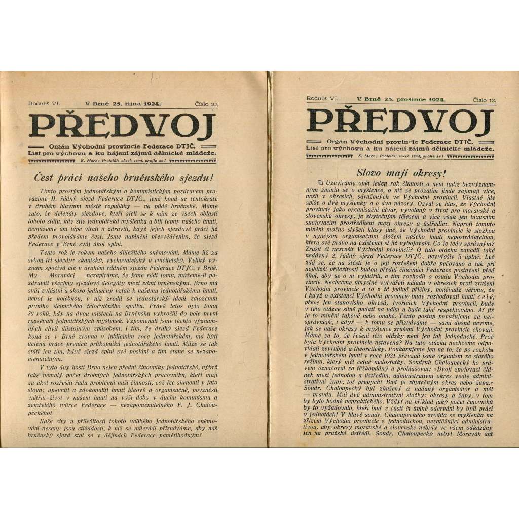 Předvoj, ročník VI., číslo 10-12/1924 (Dělnická mládež) - časopis, noviny, 1. republika (3 čísla)