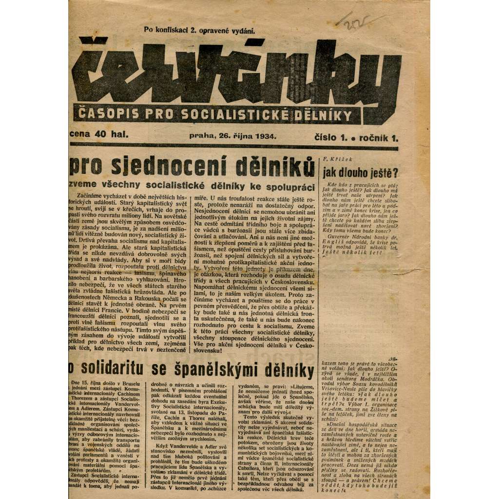 Červánky. Časopis pro socialistické dělníky. Ročník 1., číslo 1/1934 (1. republika, staré noviny)