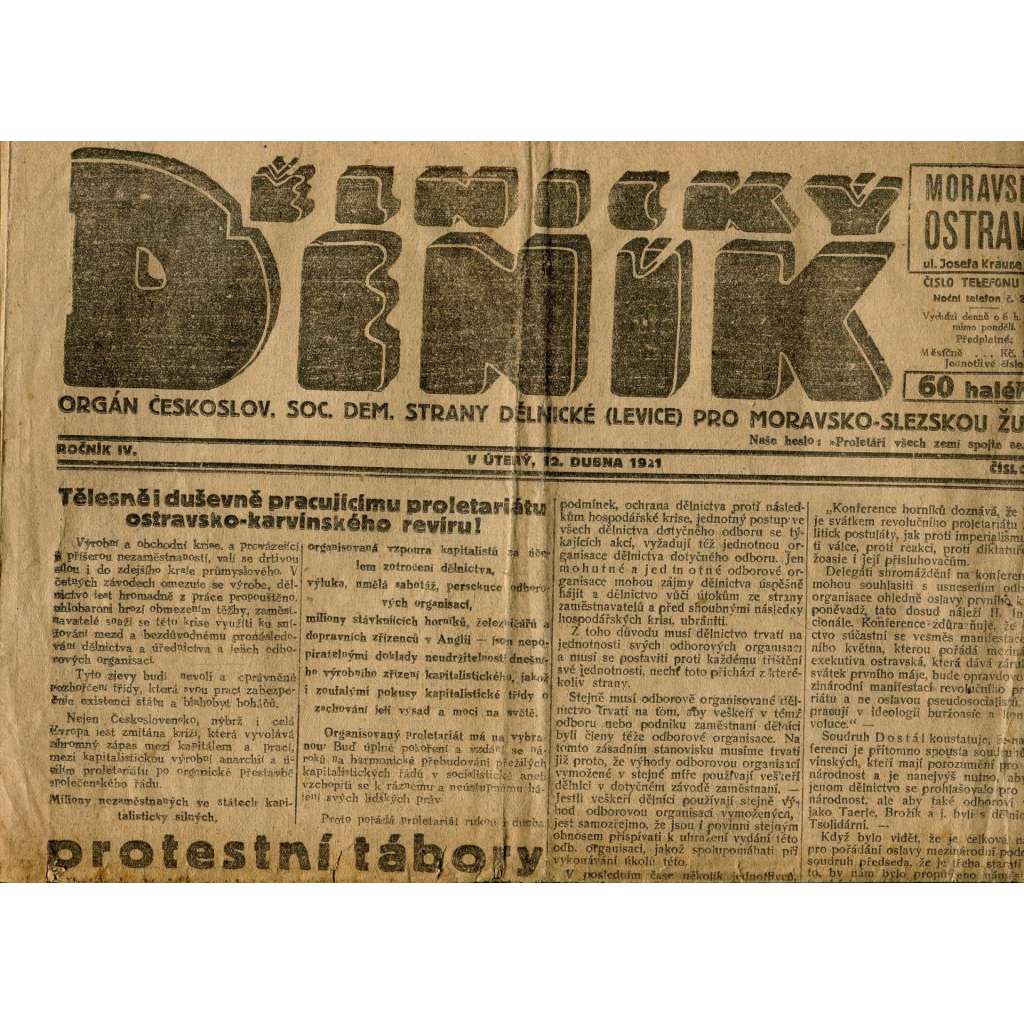 Dělnický deník, ročník IV., číslo 84/1921 (1. republika, staré noviny, komunistická literatura) - Ostrava