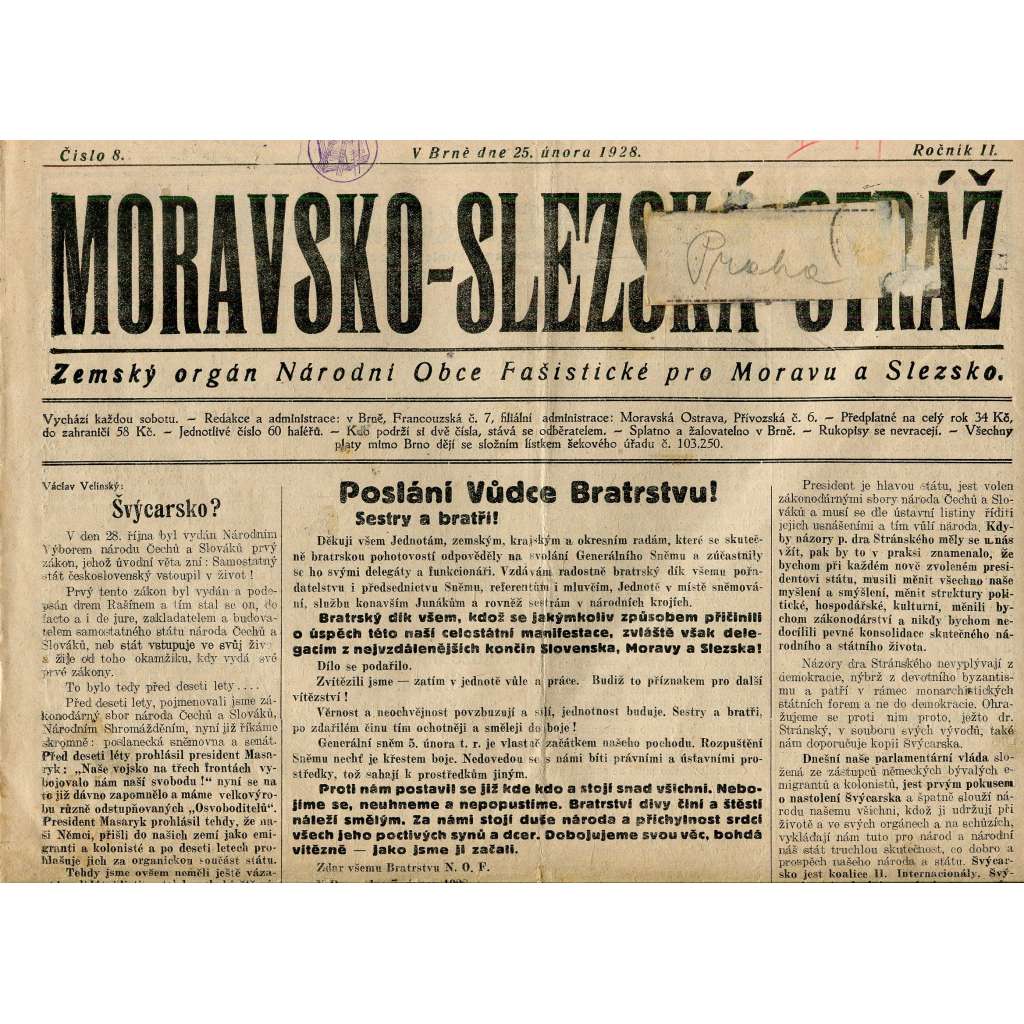 Moravsko-slezská stráž, ročník II., číslo 8/1928 (Gajda) - staré noviny, 1. republika
