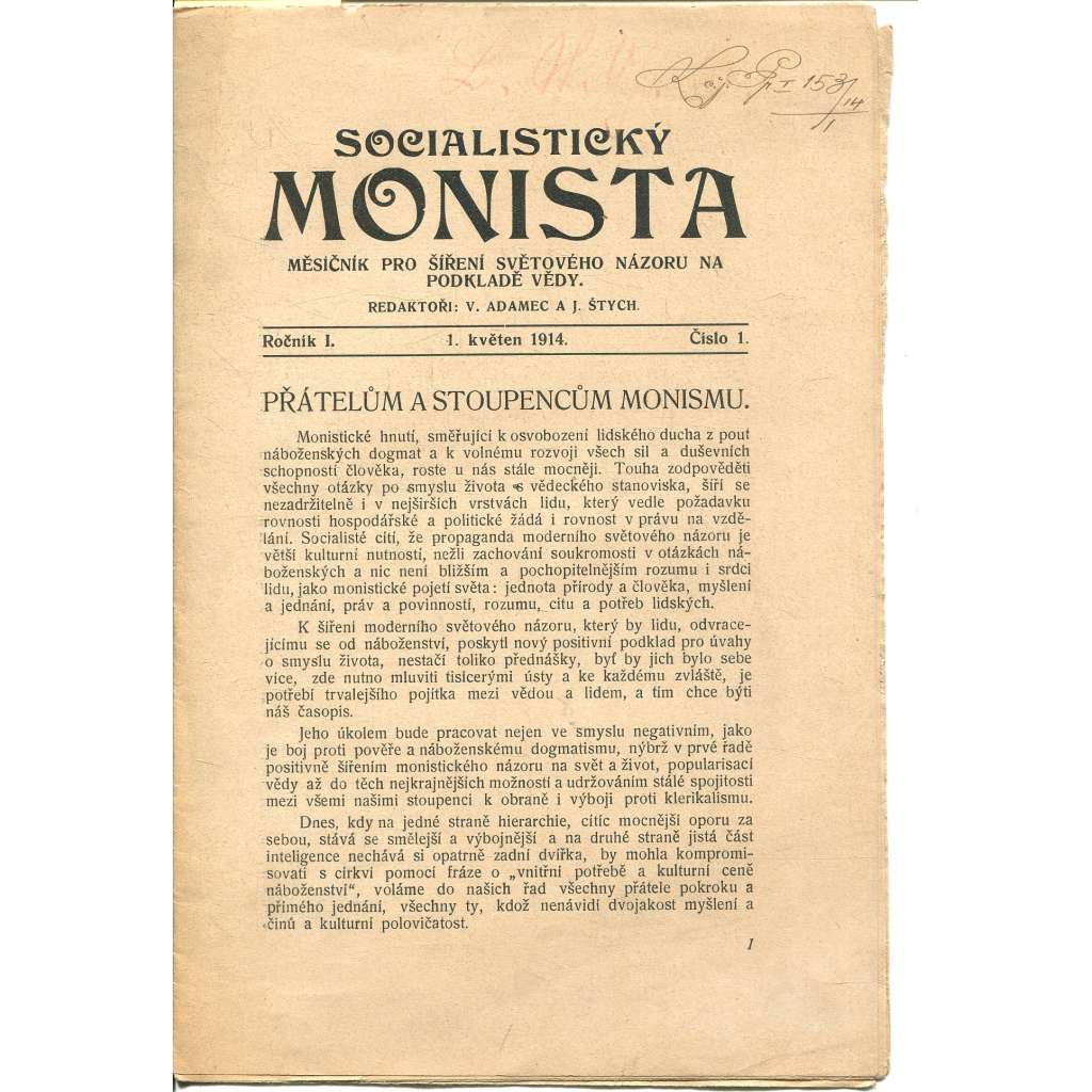Socialistický monista, ročník I., číslo 1/1914. Měsíčník pro šíření světového názoru na podkladě vědy (časopis, noviny)