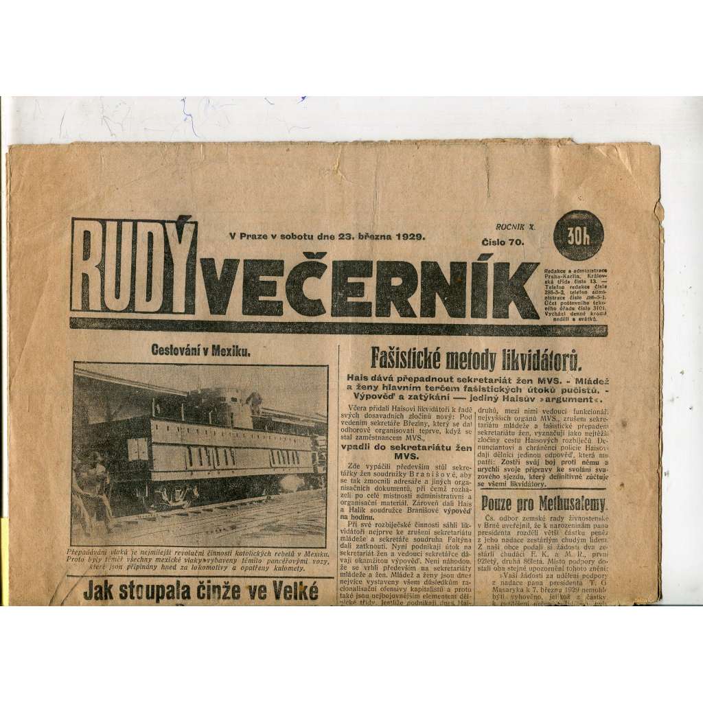 Rudý Večerník, ročník X., číslo 70/1929 - staré noviny - [komunisté, komunismus]