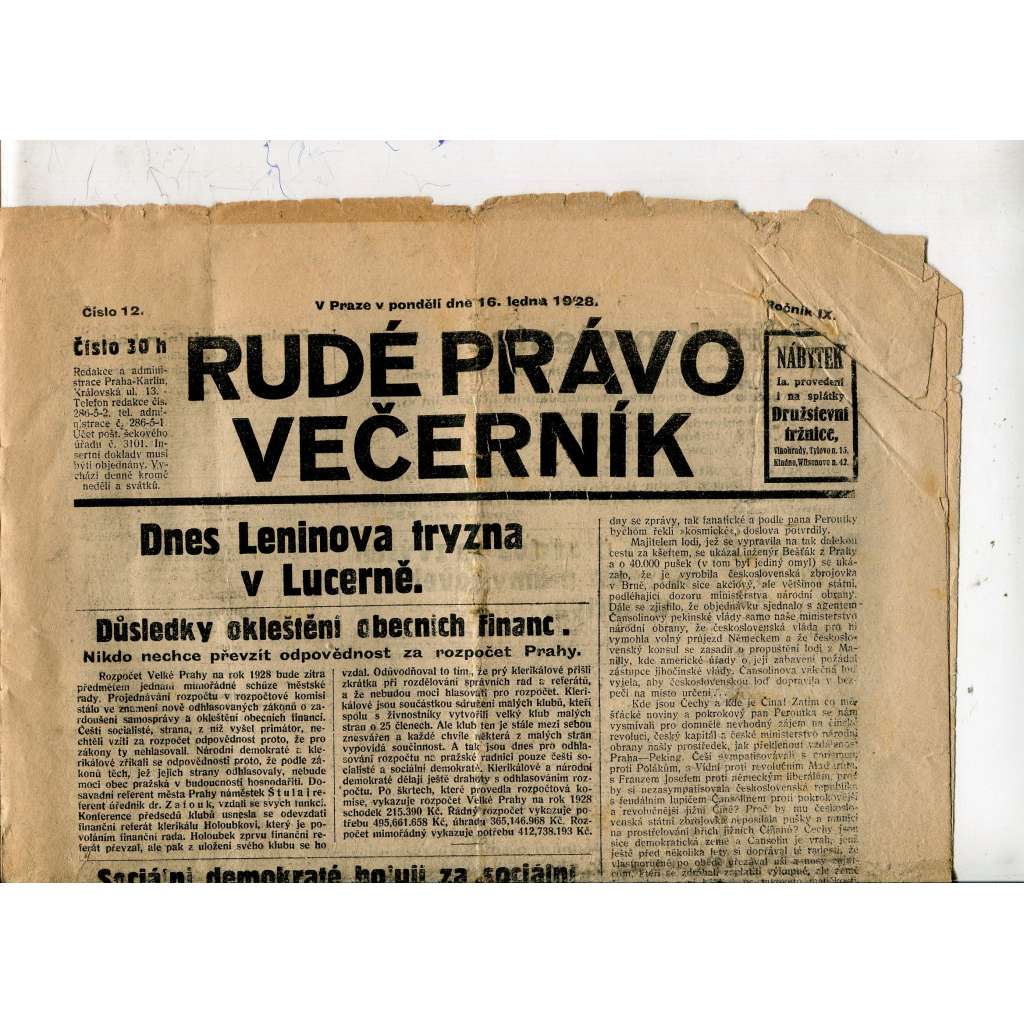 Rudé právo Večerník, ročník IX., číslo 12/1928. - staré noviny, 1. republika