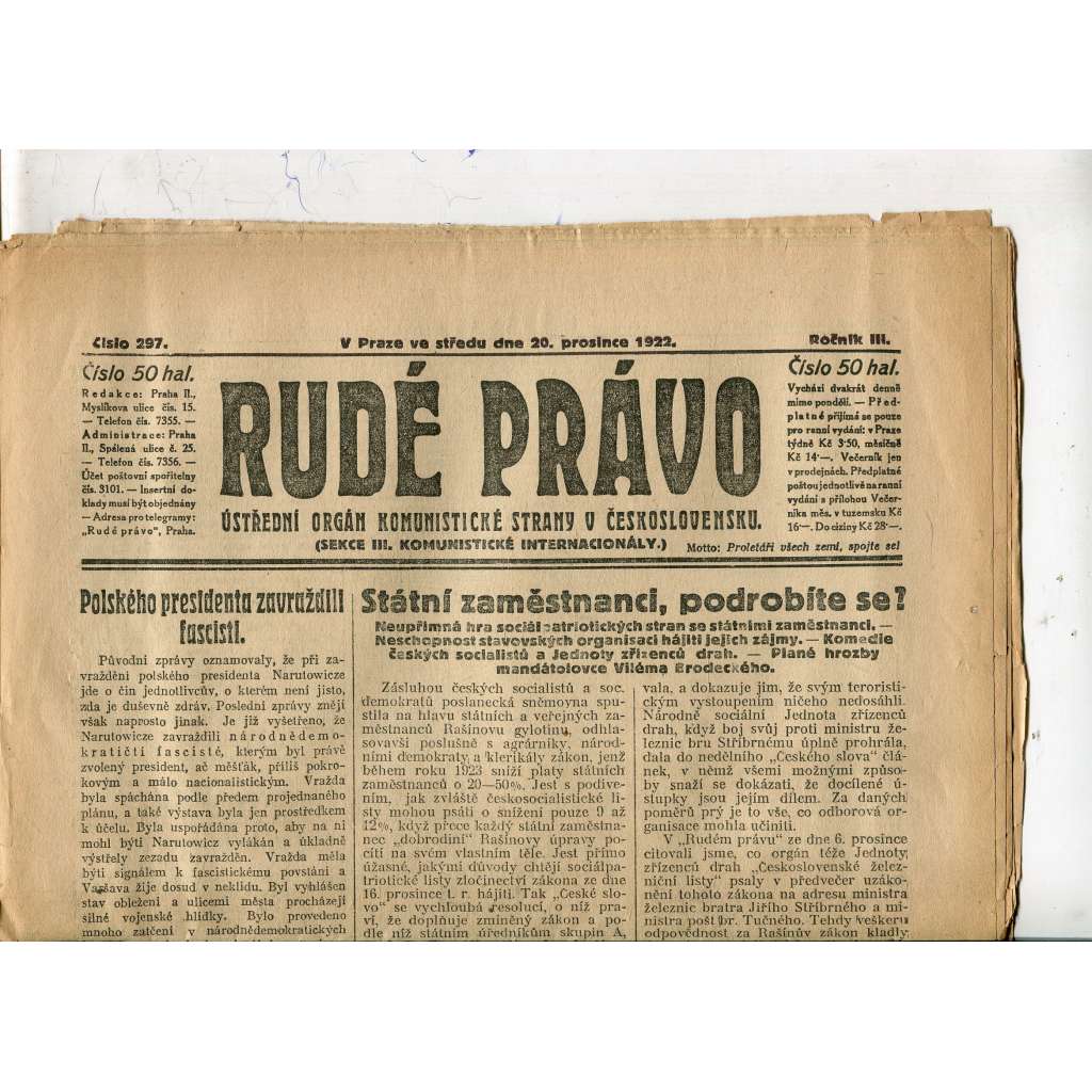 Rudé právo, ročník III., číslo 297/1922 - staré noviny - [komunisté, komunismus]