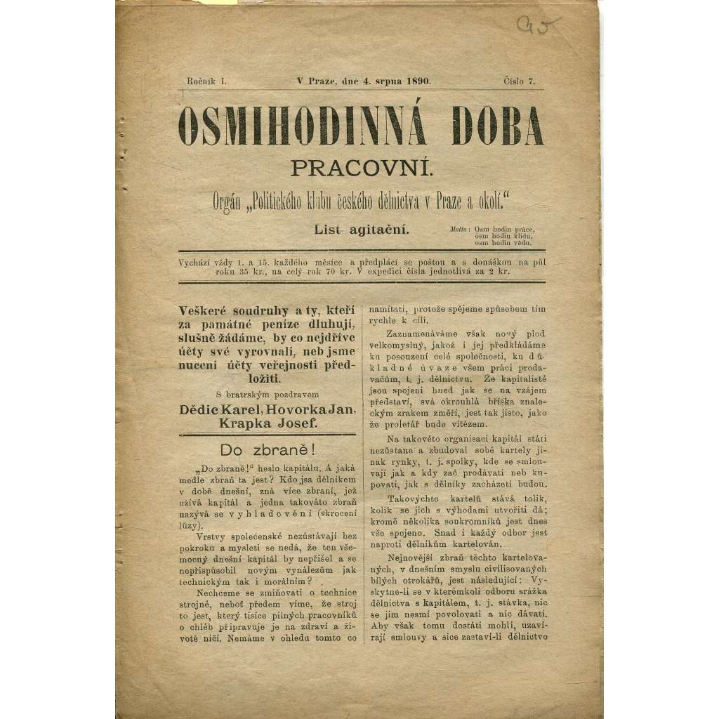 Osmihodinná doba pracovní, ročník I., číslo 7/1890. Orgán politického klubu českého dělnictva v Praze a okolí (časopis, noviny)