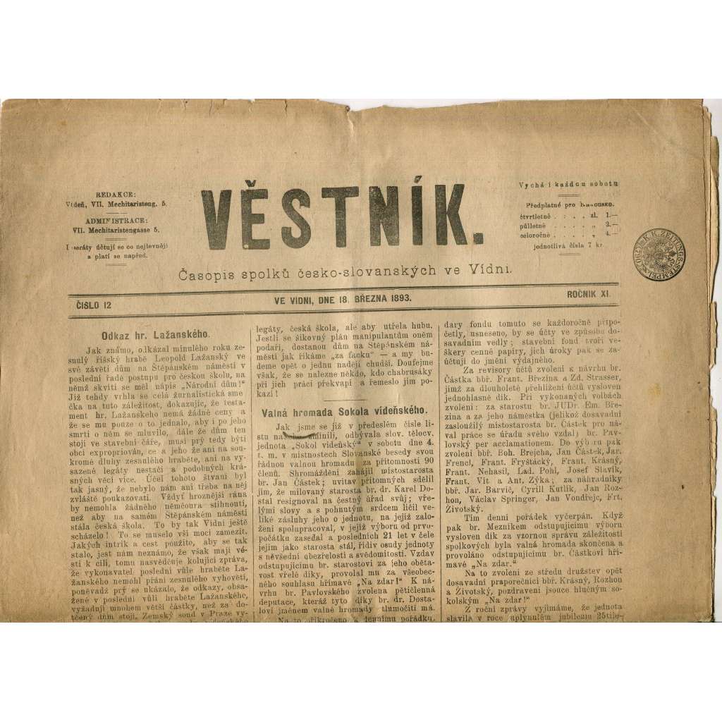 Věstník, ročník XI., číslo 12/1893. Časopis spolků česko-slovanských ve Vídni (Vídeň) - noviny