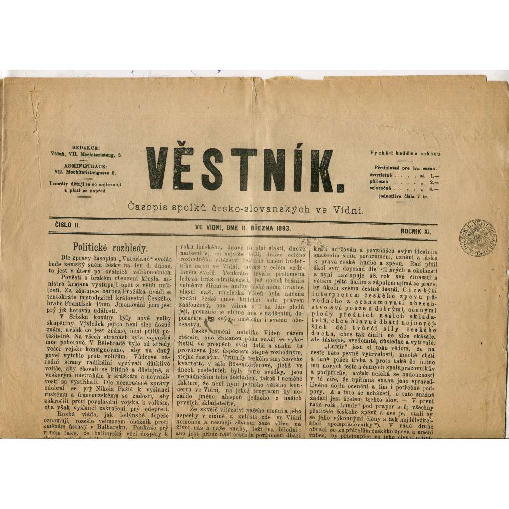 Věstník, ročník XI., číslo 11/1893. Časopis spolků česko-slovanských ve Vídni (Vídeň) - noviny