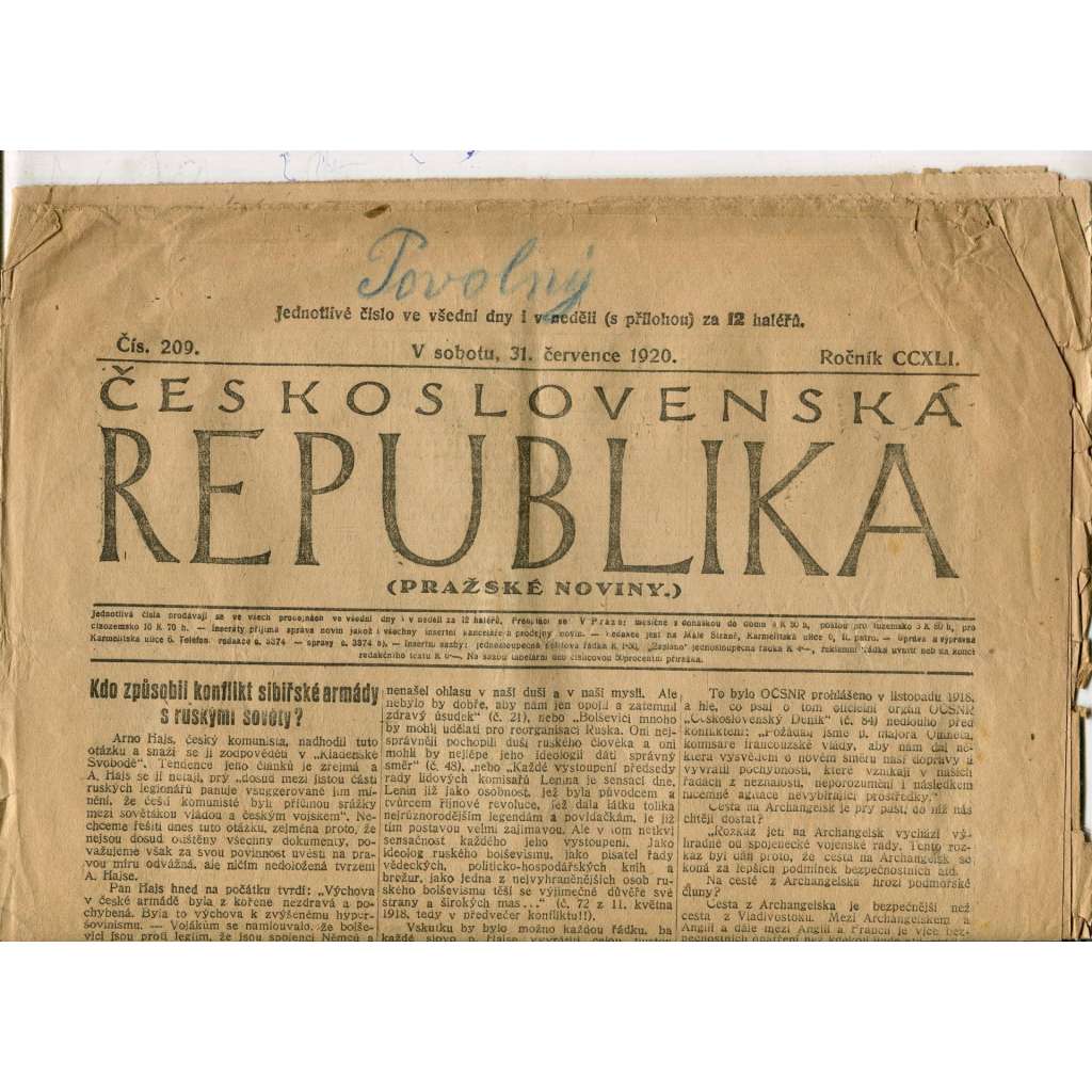 Československá republika, ročník CCXLI., číslo 209/1920. Pražské noviny (1. republika)