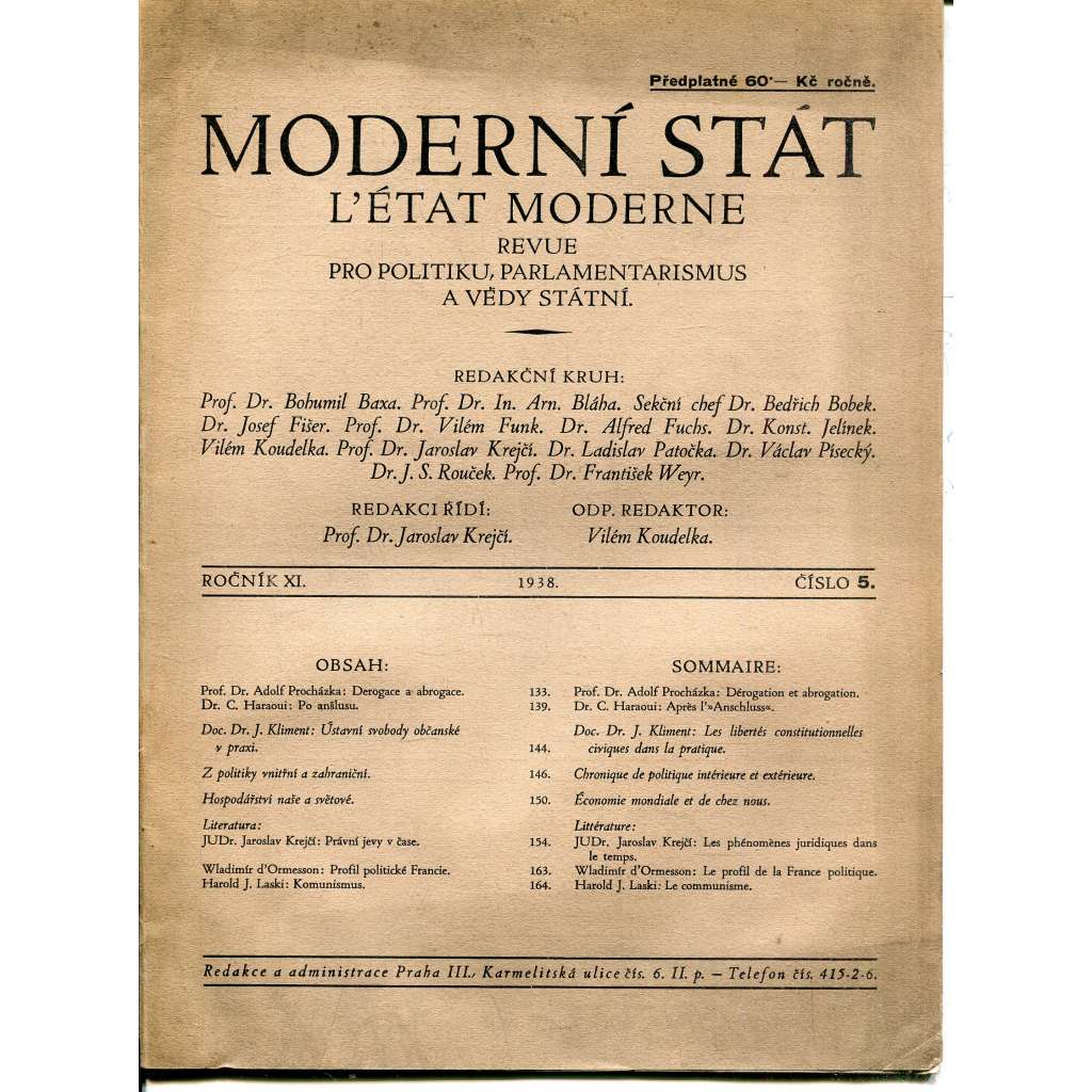 Moderní stát, ročník XI, číslo 5/1938. Revue pro politiku, parlamentarismus a vědy státní (časopis)